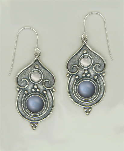 Sterling Silver Gothic Inspired Drop Dangle Earrings With Grey Moonstone And White Moonstone
